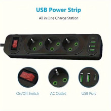 Riff F23U 3 lizdai + 3 USB + 1 USB-C / 2 m laidas ir įjungimo / išjungimo mygtukas, juodas Riff F23U 3 lizdai + 3 USB + 1 USB-C / 2 m laidas ir įjungimo / išjungimo mygtukas, juodas