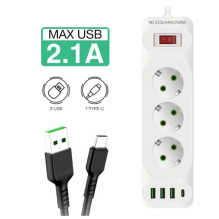 Riff F23U 3 lizdai + 3 USB + 1 USB-C / 2 m laidas ir įjungimo / išjungimo mygtukas, juodas Riff F23U 3 lizdai + 3 USB + 1 USB-C / 2 m laidas ir įjungimo / išjungimo mygtukas, juodas