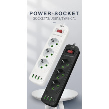 Riff F23U 3 Sockets + 3USB + 1 USB-C / 2m Cable & Power On / Off Button Black Riff F23U 3 Sockets + 3USB + 1 USB-C / 2m Cable & Power On / Off Button Black