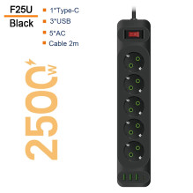 Riff F25U 5 lizdai + 3 USB + 1 USB-C / 2 m laidas ir įjungimo / išjungimo mygtukas, juodas Riff F25U 5 lizdai + 3 USB + 1 USB-C / 2 m laidas ir įjungimo / išjungimo mygtukas, juodas