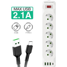 Riff F25U 5 Sockets + 3USB + 1 USB-C / 2m Cable & Power On / Off Button Black Riff F25U 5 Sockets + 3USB + 1 USB-C / 2m Cable & Power On / Off Button Black