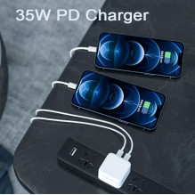 „Riff A2569“ 35 W dviejų prievadų USB-C+C (C tipo) greitasis įkroviklis visiems „Apple“ įrenginiams (analogai A2569), ba „Riff A2569“ 35 W dviejų prievadų USB-C+C (C tipo) greitasis įkroviklis visiems „Apple“ įrenginiams (analogai A2569), ba