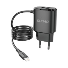 Dudao EU wall charger with 2x USB and built-in 12W Lightning cable 1m Black Dudao EU wall charger with 2x USB and built-in 12W Lightning cable 1m Black