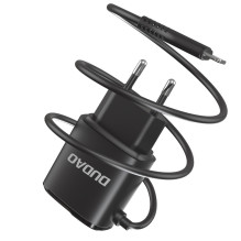 „Dudao“ ES sieninis įkroviklis su 2 USB ir integruotu 12 W „Lightning“ laidu, 1 m, juodas „Dudao“ ES sieninis įkroviklis su 2 USB ir integruotu 12 W „Lightning“ laidu, 1 m, juodas