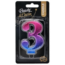 GoDan Night sky Metallic Cake Candle topper Number 3 (8cm) Pink / Blue / Violet Ombre