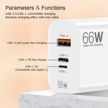 Riff 66W Super Fast charger with USB port / x2 USB-C and USB-L Black