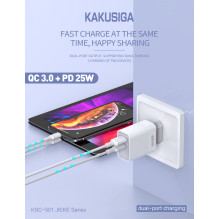 iKaku KSC-501 2in1 25W PD QC3.0 Type-C Socket and USB Mains Charger White