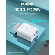 iKaku KSC-501 2in1 25W PD QC3.0 Type-C Socket and USB Mains Charger White