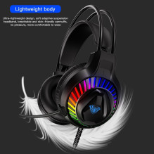 Aula S605 triukšmo slopinimo žaidimų ausinės, 50 mm garsiakalbiai, 2 m laidas, 2 x 3,5 mm garso / mikrofono + USB RGB LE