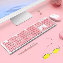 T-Wolf TF770 Retro Punk PC 2.4Ghz Wireless Keyboard (EN) Silent keys + Mouse set Pink &amp; White