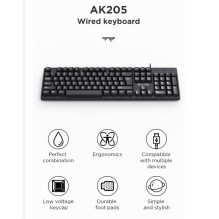 Aula AK205 ergonomiška tyli klaviatūra su 104 mygtukais, anglų / rusų išdėstymu, 1,5 m USB laidu, juoda
