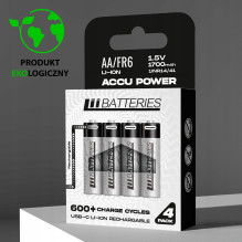 Įkraunamos ličio jonų baterijos su USB-C jungtimi, AA tipo, 1700 mAh, 1,5 V (4 vnt.)