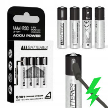 Įkraunamos ličio jonų baterijos su USB-C jungtimi, galingos, 500 mAh, 1,5 V (4 vnt.)