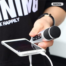 Remax K02 mikrofonas karaoke ir AUX mobiliesiems įrenginiams, ekvalaizeris, Android / iOS, įkraunamas, sidabrinis