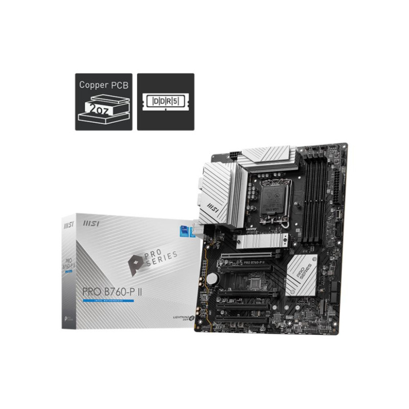 MainboardMSIIntel B760 ExpressLGA1700Memory DDR5Memory slots 45xPCI-Express 5.0 16x2xM.21xHDMI1xDisplayPort2xUSB 2.02xUS