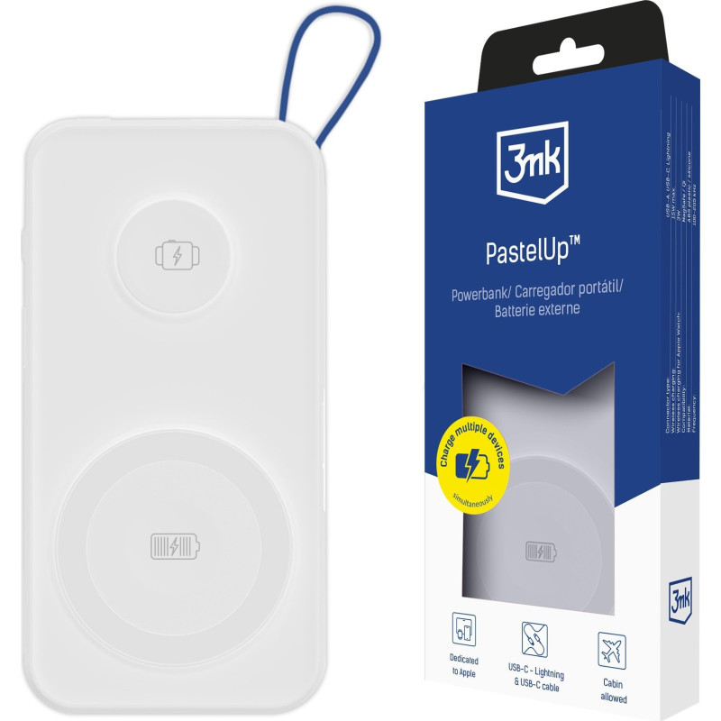 3mk PastelUp 10 000mAh Powerbank 22.5W MagSafe QI USB-A USB-C Lightning White