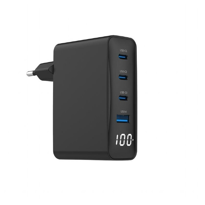 Universal charger 100W GaN 1xUSB-A 3xUSB-C fast charger LCD black