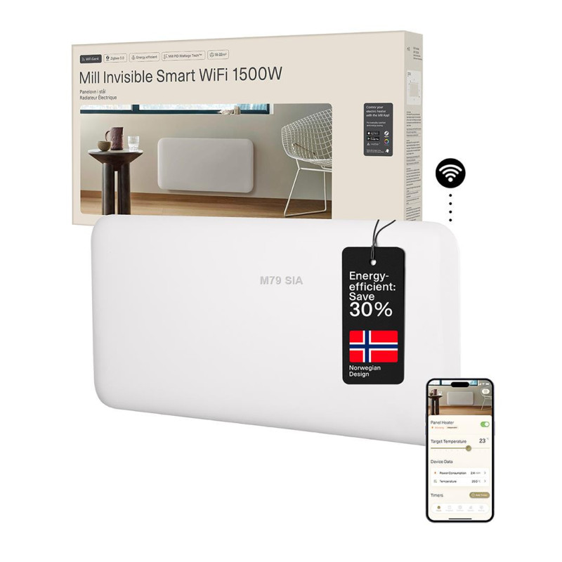 Mill Invisible Smart WiFi Heater PA1500WIFI4 Panel Heater 1500 W Suitable for rooms up to 18-22 m White IPX4