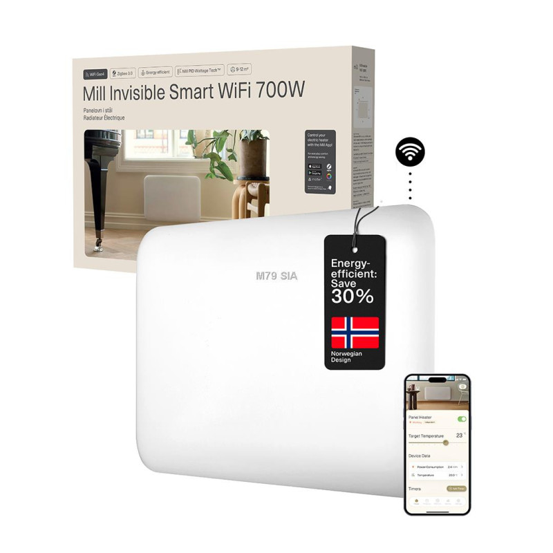 Mill Invisible Smart WiFi Heater PA700WIFI4 Panel Heater 700 W Suitable for rooms up to 9-12 m White IPX4