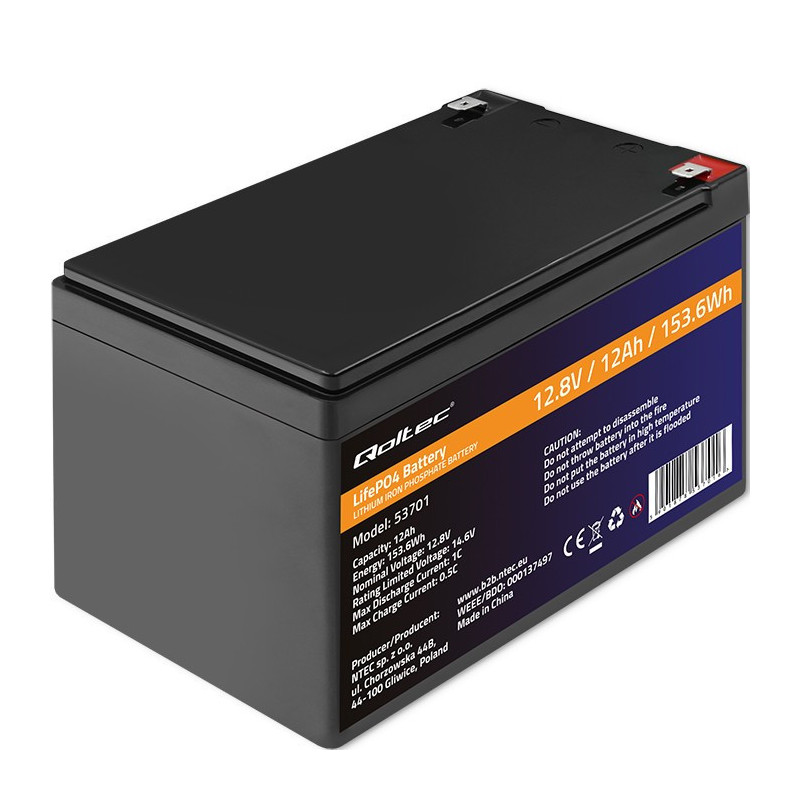 Qoltec LiFePO4 Lithium-Iron-Phosphate Battery 12.8V 12Ah 153.6Wh with BMS
