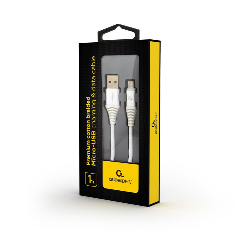 Gembird Premium cotton braided Micro-USB charging and data cable 1m silver / white