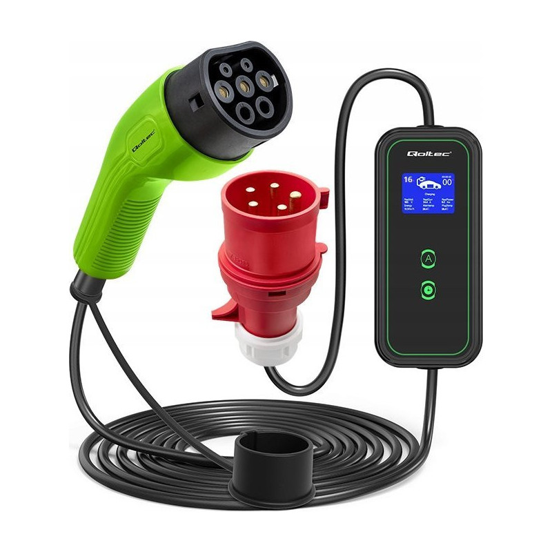 Qoltec Mobile EV Car Charger Adjustable 2in1 Type2 11kW CEE 5 PIN Wi-fi LCD 3 phases Portable Wallbox 5m