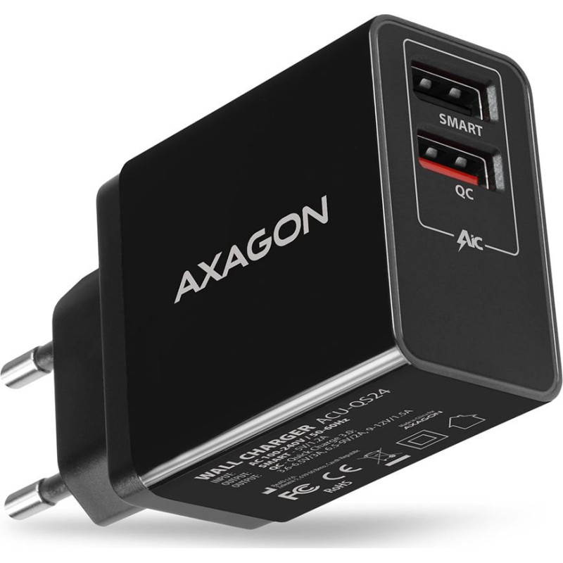 AXAGON ACU-QS24 Ladegerat 2x USB-A QC3.0 / Smart 5V 1 2A 24W - schwarz