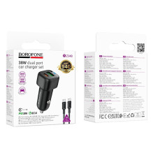 Automobilinis įkroviklis Borofone BZ34B 38W USB-C / USB-A + USB-C to USB-C cable 1.0m juodas Automobilinis įkroviklis Borofone BZ34B 38W USB-C / USB-A + USB-C to USB-C cable 1.0m juodas