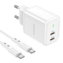 Įkroviklis Borofone BN9 35W 2xUSB-C + USB-C to USB-C cable 1.0m baltas Įkroviklis Borofone BN9 35W 2xUSB-C + USB-C to USB-C cable 1.0m baltas