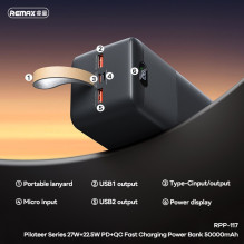 Išorinė baterija Power Bank Remax RPP-117 22.5W 50000mAh juoda Išorinė baterija Power Bank Remax RPP-117 22.5W 50000mAh juoda