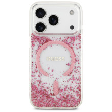 „Guess“ blizgučiais aptrauktas „MagSafe“ dėklas, skirtas „iPhone 17 Pro“ – rožinis