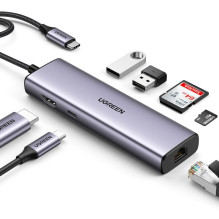 Ugreen Ugreen CM512 90568 USB-C adapteris - 2x USB-A 3.0 / HDMI / RJ45 / SD ir TF kortelių skaitytuvas / USB-C PD 100W -