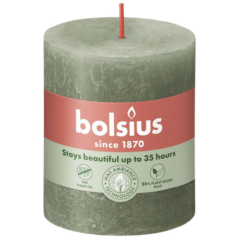 Candle, cylindrical Bolsius Rustic, 8 / 6.8 cm, olive green