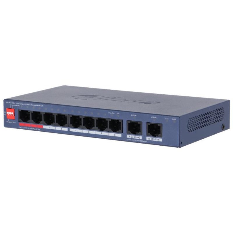 SwitchDAHUADH-CS4010-8ET2GT-110Switch layer L28xRJ-45 portsRJ-45 Ports Type Fast Ethernet (10 / 100)2xGigabit Ethernet (