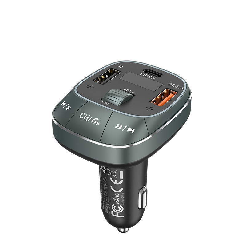 Vention 3-Port USB (C + A + A) Car Charger with FM Transmitter (30W / 18W / 5W) Black ABS Type