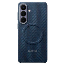 „Samsung“ anglies pluošto magnetinis dėklas, skirtas „Samsung Galaxy S26+“, suderinamas su „MagSafe“ – tamsiai mėlynas