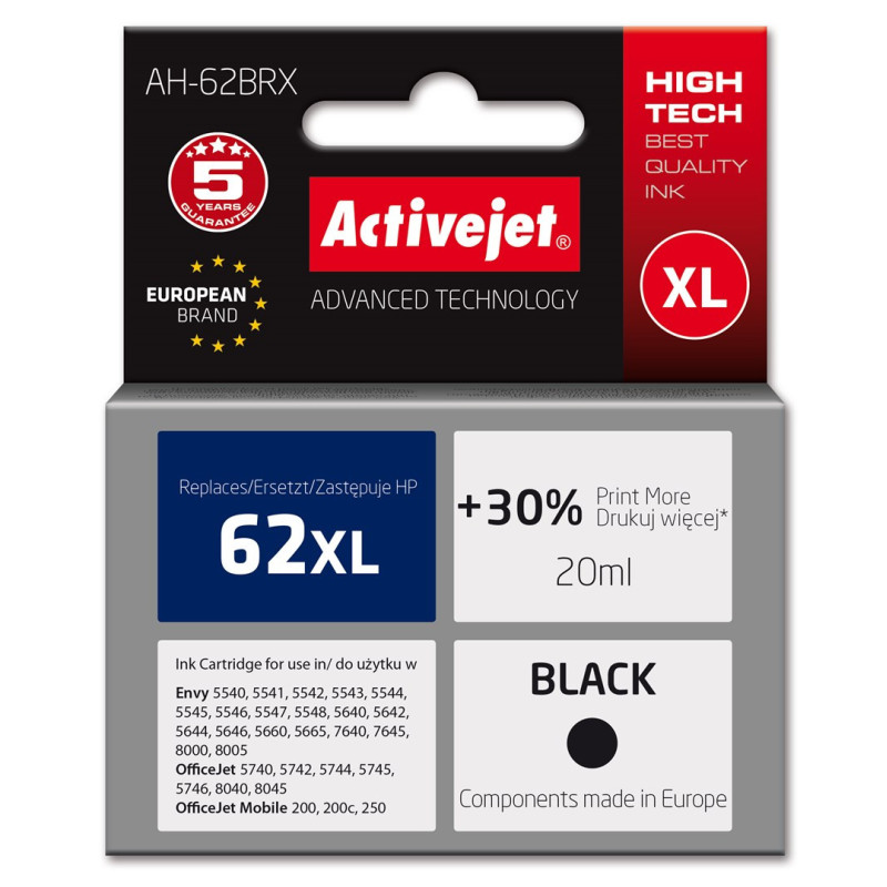 „Activejet AH-62BRX“ rašalas (pakeičia HP 62XL C2P05AE Premium 20 ml juodo rašalo kasetę)