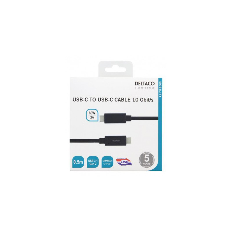 „Deltaco Mobility“ USB-C – USB-C 3.2 Gen 2 – laidas, 0,5 m, juodas