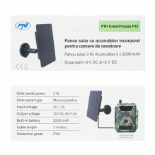 Solar charger PNI GreenHouse P13 6V and 12V output, 3W, Li-Ion 5200 mAh battery, IP66 for hunting cameras