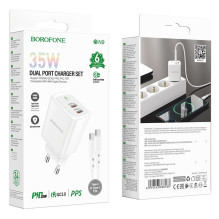 Charger Borofone BN9 35W 2xUSB-C + USB-C to USB-C cable 1.0m white Charger Borofone BN9 35W 2xUSB-C + USB-C to USB-C cable 1.0m white