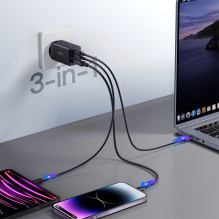 Įkroviklis Joyroom JR-TCG01 65W GaN 2xUSB-C / USB-A + USB-C to USB-C cable 1.2m juodas Įkroviklis Joyroom JR-TCG01 65W GaN 2xUSB-C / USB-A + USB-C to USB-C cable 1.2m juodas