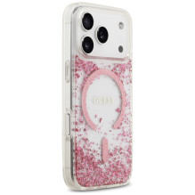 „Guess“ blizgučiais aptrauktas „MagSafe“ dėklas, skirtas „iPhone 17 Pro“ – rožinis