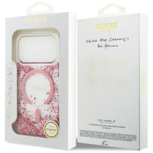 „Guess“ blizgučiais aptrauktas „MagSafe“ dėklas, skirtas „iPhone 17 Pro“ – rožinis