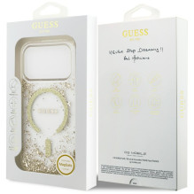 „Guess“ blizgučiais aptrauktas „MagSafe“ dėklas „iPhone 17 Pro“ su dervos dugnu – auksinis