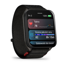 „Garmin Venu X1“ juodas su titano spalvos dėklu ir juodu „ComfortFit“ nailono dirželiu