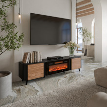 Cama Volare RTV spintelė 200 x 39 x 49 cm juoda / riešutmedžio + židinys
