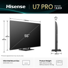 Televizorius, HISENSE, 55", 4K Ultra HD, 3840 x 2160 pikselių, plokščias, 16:9, ULED, 55U7QPRO