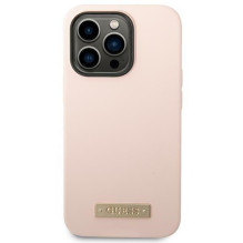 Etui Guess Silicone Logo Plate MagSafe na iPhone 14 Pro - różowe