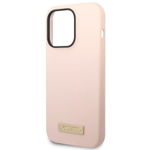 Etui Guess Silicone Logo Plate MagSafe na iPhone 14 Pro - różowe