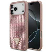 „Guess“ „Rhinestone Triangle“ logotipo dėklas, skirtas „iPhone 17 Pro Max“ – rožinis